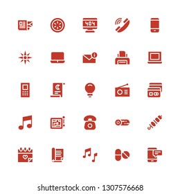 website icon set. Collection of 25 filled website icons included Smartphone, Pills, Music, Document, Love, Brochette, Cucumber, Telephone, Navigation, Card, Radio, Idea, Scroll