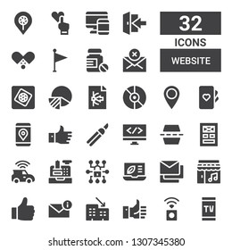 website icon set. Collection of 32 filled website icons included Smartphone, Wireless internet, Like, Rental, Email, Music, Messages, Laptop, Padlock, Cash register, Connection