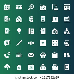 website icon set. Collection of 36 filled website icons included Smartphone, Printer, Mail, Calendar, Label, Upload, Pills, Shirt, House, Email, Radio, Phone call, Calculator