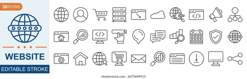 Sammlung von Webseiten-Symbolen. Enthaltend Web-Design, Internet, Inhalt, SEO, Server, Homepage, E-Commerce und mehr. Vektorgrafik eps 10