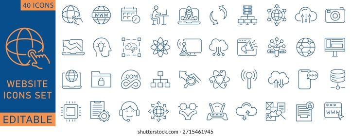 Website-Symbolsatz. Enthält Symbole, die mit Enthalten Web-Design, Internet, Inhalt, SEO, Hosting, Blog, Homepage, E-Commerce, und mehr verwandt sind. Zeilensymbolsammlung. Vollständig editierbar. Vektorgrafik.