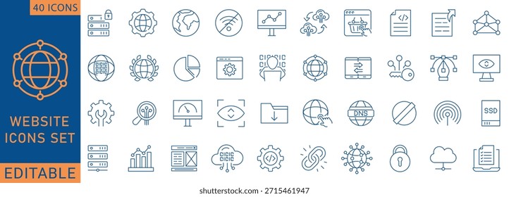 Website-Symbolsatz. Enthält Symbole, die mit Enthalten Web-Design, Internet, Inhalt, SEO, Hosting, Blog, Homepage, E-Commerce, und mehr verwandt sind. Zeilensymbolsammlung. Vollständig editierbar. Vektorgrafik.