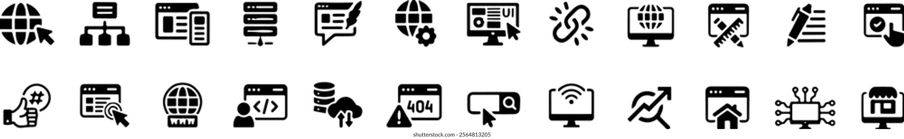 Website icon set. Containing web design, internet, content, SEO, hosting, server, homepage and e-commerce icons. Vector illustration