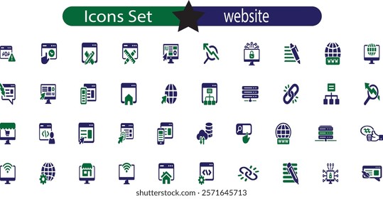 Website icon set. Containing web design, internet, content, SEO, hosting, server, homepage and e-commerce icon.