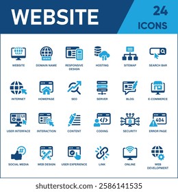 Website Icon Set – Containing Web Design, Internet, Content, SEO, Hosting, Server, Homepage, and E-Commerce Icons. Solid Icon Collection, Vector Illustration.