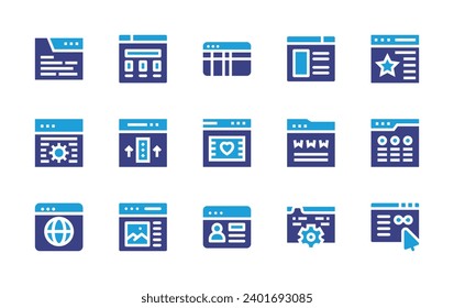 Website icon set. Duotone color. Vector illustration. Containing web design, web page, website, web traffic, coding, browser, web maintenance.
