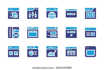 Website icon set. Duotone color. Vector illustration. Containing web, development, world wide web, settings, search engine, web design, website, browser, web traffic.