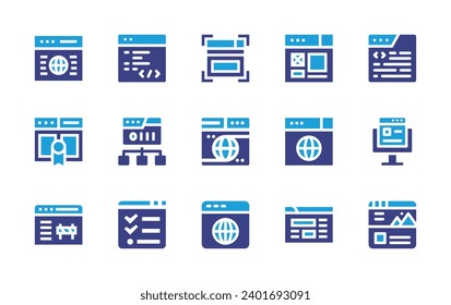 Website icon set. Duotone color. Vector illustration. Containing web design, development, website, web programming, web, web page, browser, website creator, maintenance.