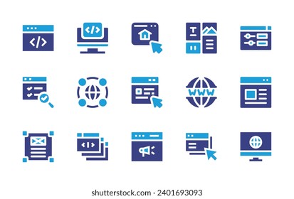 Website icon set. Duotone color. Vector illustration. Containing layout, monitor, programming, settings, website, www, globe, audit, web design, computing, browser, content, screen.