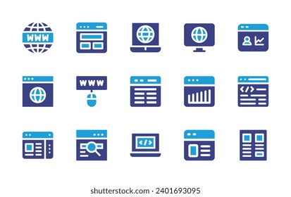 Website icon set. Duotone color. Vector illustration. Containing internet, visitor, worldwide, website, web, coding, bar chart, wireframe, landing page.