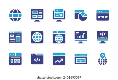 Website-Icon-Set. Duotonfarbe. Vektorgrafik. Enthält Web, Browser, Verbesserung, Internet, i Design, Kuchen-Diagramm, Code, Website, Schnittstelle, IP, Diagramm, Codierung, Traffic, Web-Design.