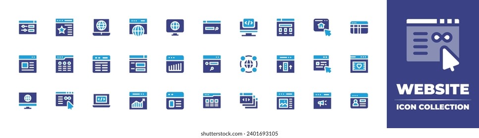 Website icon set. Duotone color. Vector illustration. Containing worldwide, monitor, settings, website, web, globe, web design, bar chart, coding, browser, screen, landing page, world wide web, web.