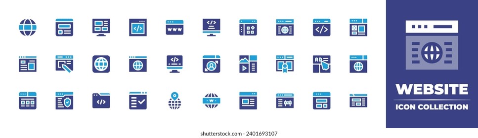 Website icon set. Duotone color. Vector illustration. Containing web, browser, web development, internet, ui design, application, code, advertisement, interface, ip, template, coding, content.