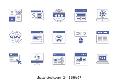 Website icon set. Duotone style line stroke and bold. Vector illustration. Containing internet, layout, worldwide, website, settings, web, www, web design, computing, coding, screen.