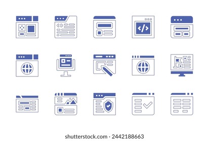 Website icon set. Duotone style line stroke and bold. Vector illustration. Containing web design, coding, programming, website, web, page, security, website creator.