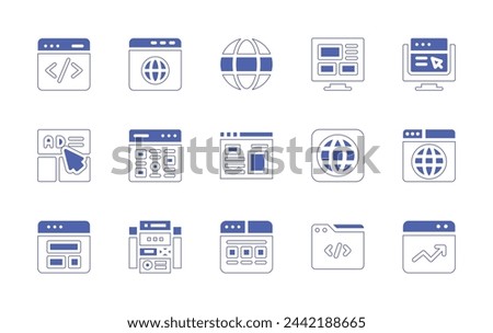 Website icon set. Duotone style line stroke and bold. Vector illustration. Containing web, web development, improvement, internet, ui design, browser, advertisement, website, interface, template.