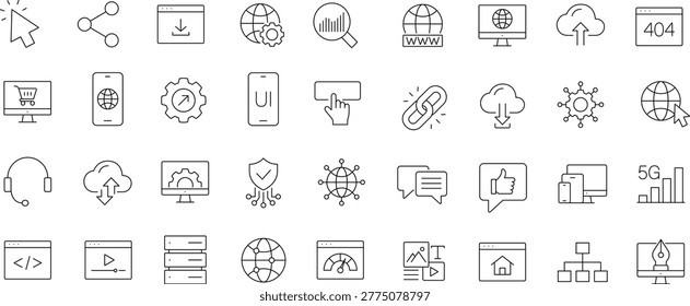 Website icon set. Editable line icons. Containing internet, content, SEO, hosting, server, homepage, e-commerce, web design, user interface and more. 