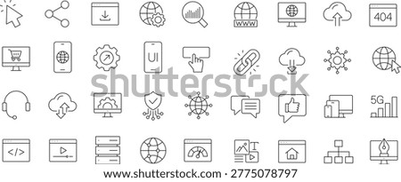 Website icon set. Editable line icons. Containing internet, content, SEO, hosting, server, homepage, e-commerce, web design, user interface and more. 