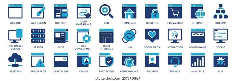 Website icon set in flat duotone solid icons web design. Pack pictograms with content, user experience, seo, homepage, security, ecommerce, internet, server, blog, link, other. Vector illustration.