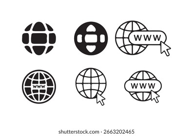 Website icon set. glob icons,  Browser globe outline icons, www signs. Victor illustration