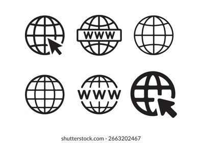 Website icon set. glob icons,  Browser globe outline icons, www signs. Victor illustration
