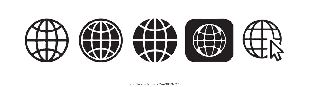 Ícone do site definido. ícones de globo, ícone da Web, Contorno do globo. Ilustração Victor eps10