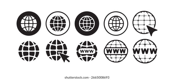 Conjunto de iconos de Sitio web. iconos de globo, icono de Web, Hacer clic para ir al Sitio web o icono de arte de línea de Internet. Victor ilustración eps10