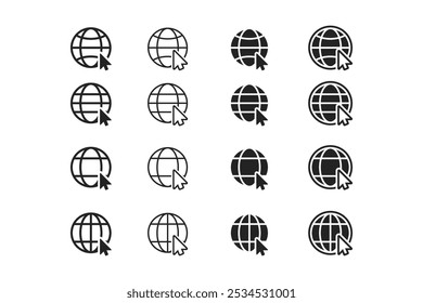 Conjunto de ícones da Web, clique para ir para o site. Globo com seta na cor preta