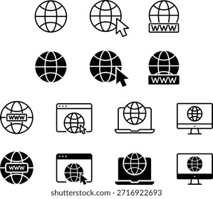Conjunto de iconos de Sitio web. Globo y símbolo www. Ilustración vectorial.