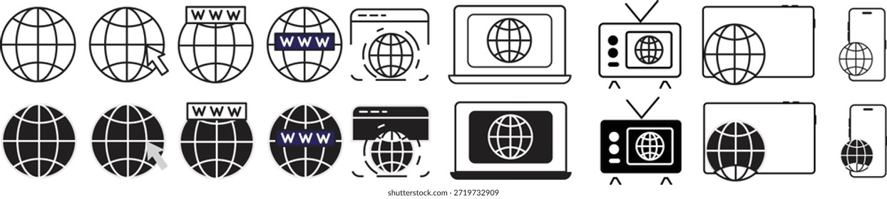 Conjunto de iconos de Sitio web. Globo y símbolo www. Icono de Web mundial. Vector www icono aislado sobre fondo transparente. Iconos del contorno del globo del navegador