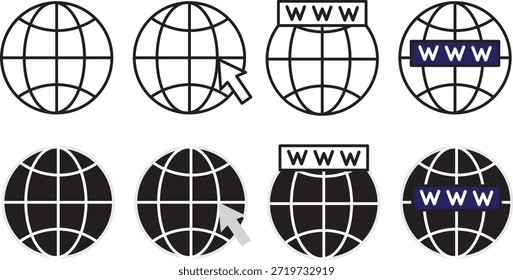 Conjunto de iconos de Sitio web. Globo y símbolo www. Icono de Web mundial. Vector www icono aislado sobre fondo transparente. Iconos del contorno del globo del navegador