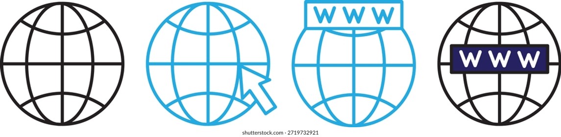 Conjunto de iconos de Sitio web. Globo y símbolo www. Icono de Web mundial. Vector www icono aislado sobre fondo transparente. Iconos del contorno del globo del navegador