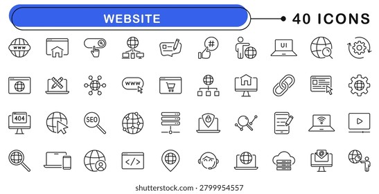 Website icon set. Website icons in line style. Editable web icons internet, content, blog, web design, SEO, server, hosting, homepage, marketing, e-commerce etc. Vector illustration.