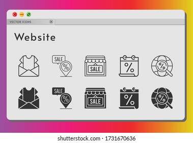 conjunto de iconos del sitio web. incluido calendario, boletín, tienda, marcador de posición, iconos de Internet sobre fondo blanco. estilos lineales y llenos.