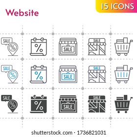 website icon set. included calendar, shop, shopping cart, placeholder icons on white background. linear, bicolor, filled styles.