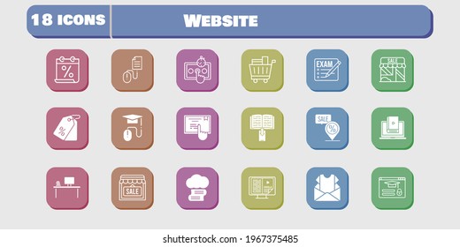 website icon set. included calendar, newsletter, shop, test, learn, touchscreen, login, click, cloud library, exam, desktop icons on white background. linear, filled styles.