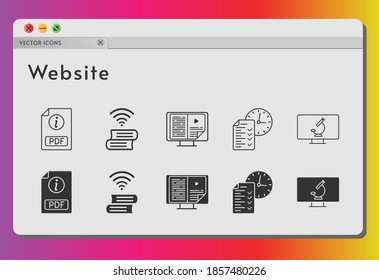 website icon set. included pdf, ebook, test, book, microscope icons on white background. linear, filled styles.