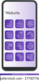 Icon-Set der Website. beinhaltet Gewinne, Online-Shop, Megaphon, Verkauf, 24 Stunden, Hypothek, Brieftasche, Gutschein, Preis-Tag, Platzhalter, Barcode-Symbole auf Telefon-Design Hintergrund . lineare Stile.