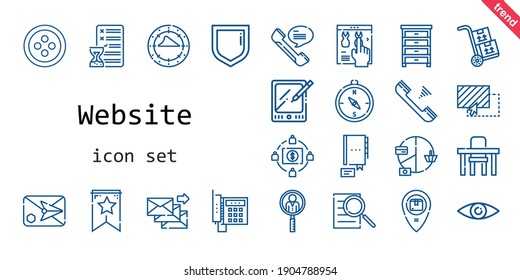 website icon set. line icon style. website related icons such as job search, searching, banner, drawer, pie chart, telephone, packs, button, online shop, tablet, planning, security, phone, compass