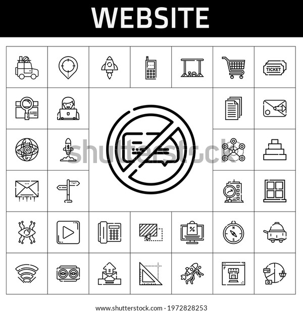 website icon set. line icon style. website\
related icons such as online shopping, tickets, triangle, building,\
network, play button, search, bar, car, startup, room service,\
cellphone