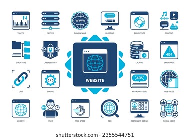 Website icon set. Server, Traffic, Structure, Responsive Design, Content, Cyber Security, Social Media, Coding. Duotone color solid icons