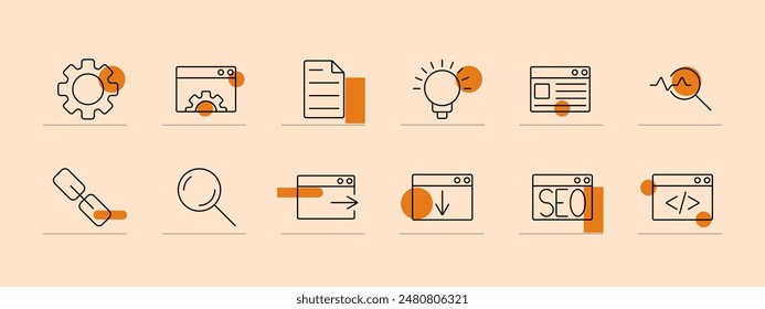 Website icon set. Settings gear, browser window, document, lightbulb, webpage, hyperlink, search, SEO, coding, analytics. Web development, SEO, internet concept.