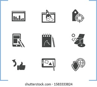 Website icon set and sketchbook with network protection, web launch and shares with like. Tablet related website icon vector for web UI logo design.