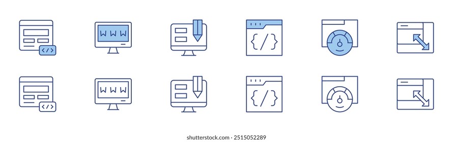 Website-Symbol in zwei Stilen, Duotone und Thin Line Stil. Bearbeitbarer Strich. CSS, Internet, Web-Design, Website, Größe.