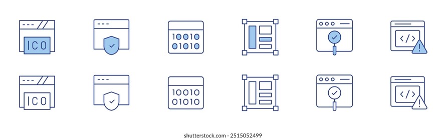 Ícone do site definido em dois estilos, Duotônico e Linha fina. Traço editável. ico, layout, segurança da web, usabilidade, codificação, código binário.