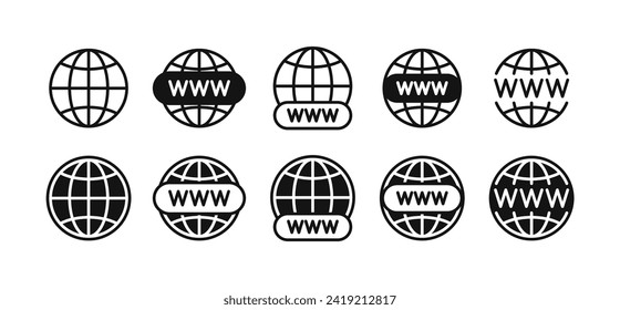 Website icon set with World globe. WWW icons with Earth globe sign. World Wide Web internet symbols with round and flatten planet. Vector illustration.