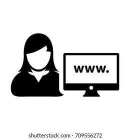 Website Icon Vector Person With Female User Computer Monitor and World Wide Web in Glyph Pictogram Avatar Symbol illustration