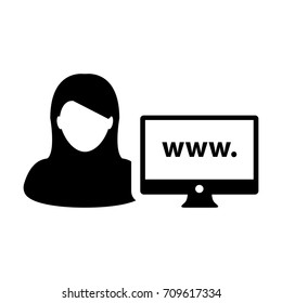 Website Icon Vector Person With Female User Computer Monitor and World Wide Web in Glyph Pictogram Avatar Symbol illustration