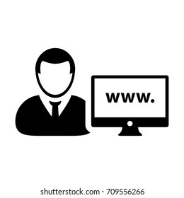 Website Icon Vector Person With Male User Computer Monitor and World Wide Web in Glyph Pictogram Avatar Symbol illustration