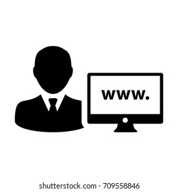 Website Icon Vector Person With Male User Computer Monitor and World Wide Web in Glyph Pictogram Avatar Symbol illustration